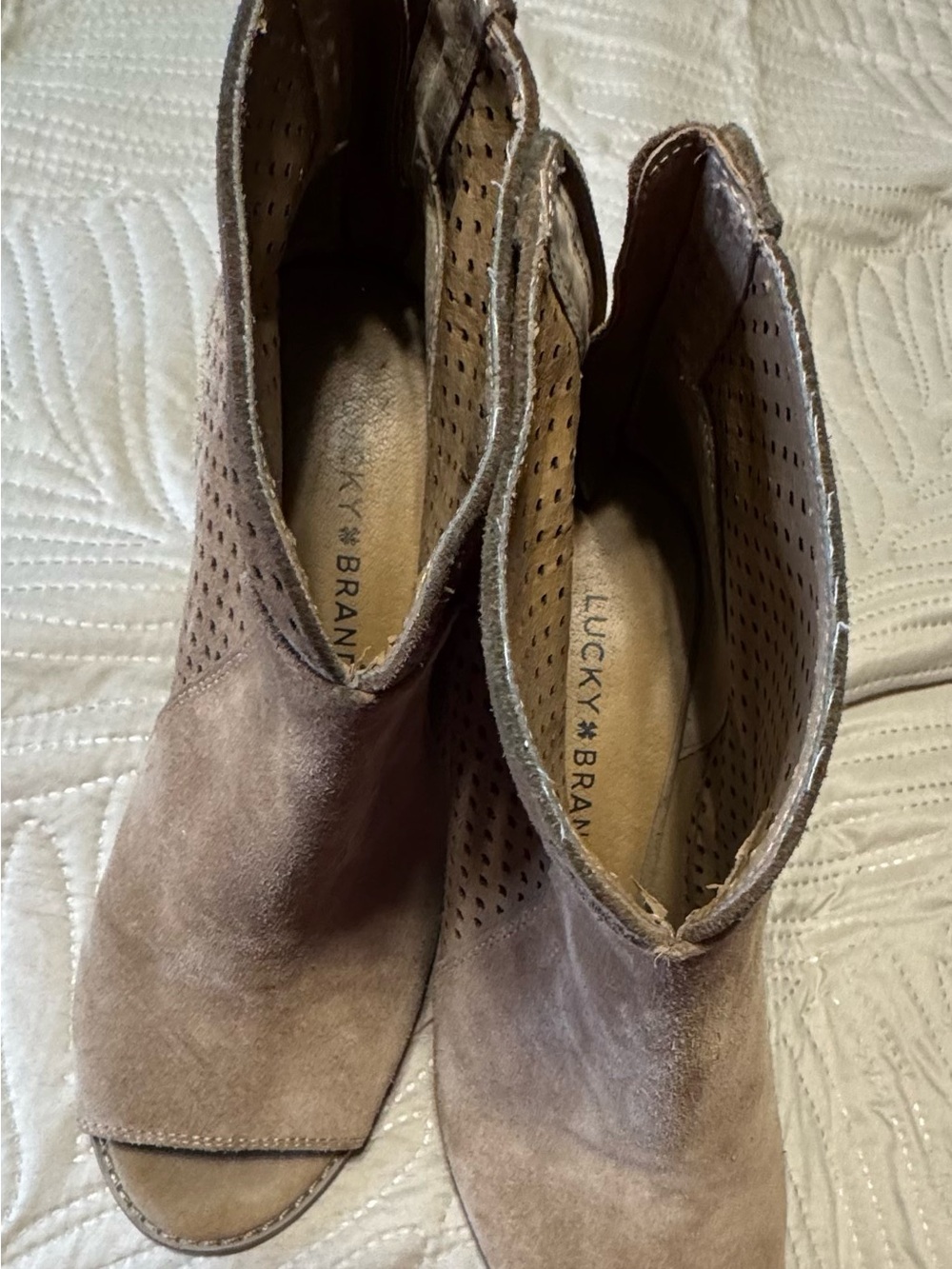 Lucky Brand Taupe Perforated Suede Peep-Toe Ankle Booties 6.5